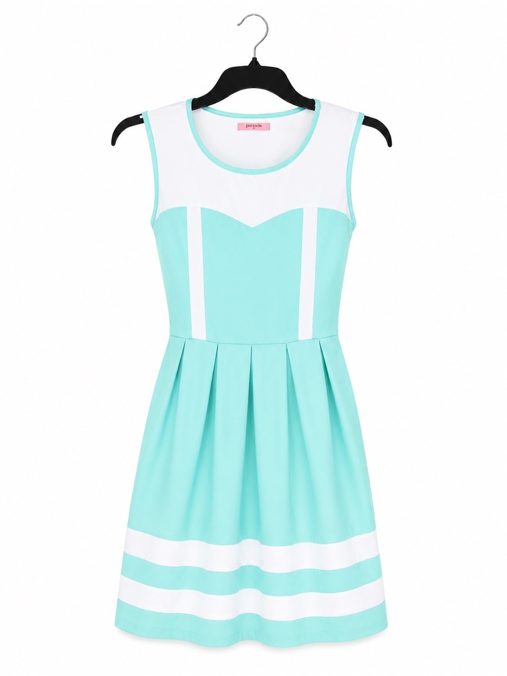 Sleeveless Mint & White Pleated Midi Dress
